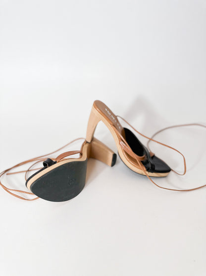 Vintage Leather Sandals Lace Up Wood Heels Made in ITALY Size 8