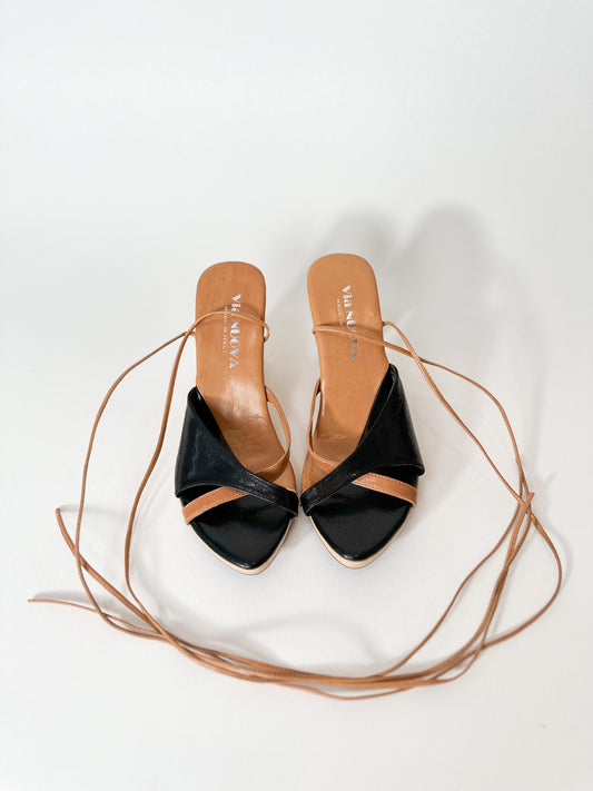 Vintage Leather Sandals Lace Up Wood Heels Made in ITALY Size 8