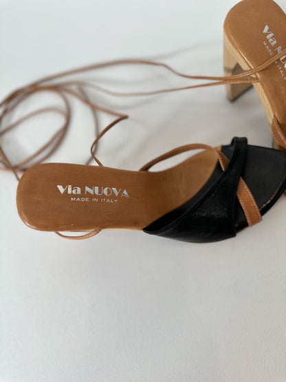 Vintage Leather Sandals Lace Up Wood Heels Made in ITALY Size 8