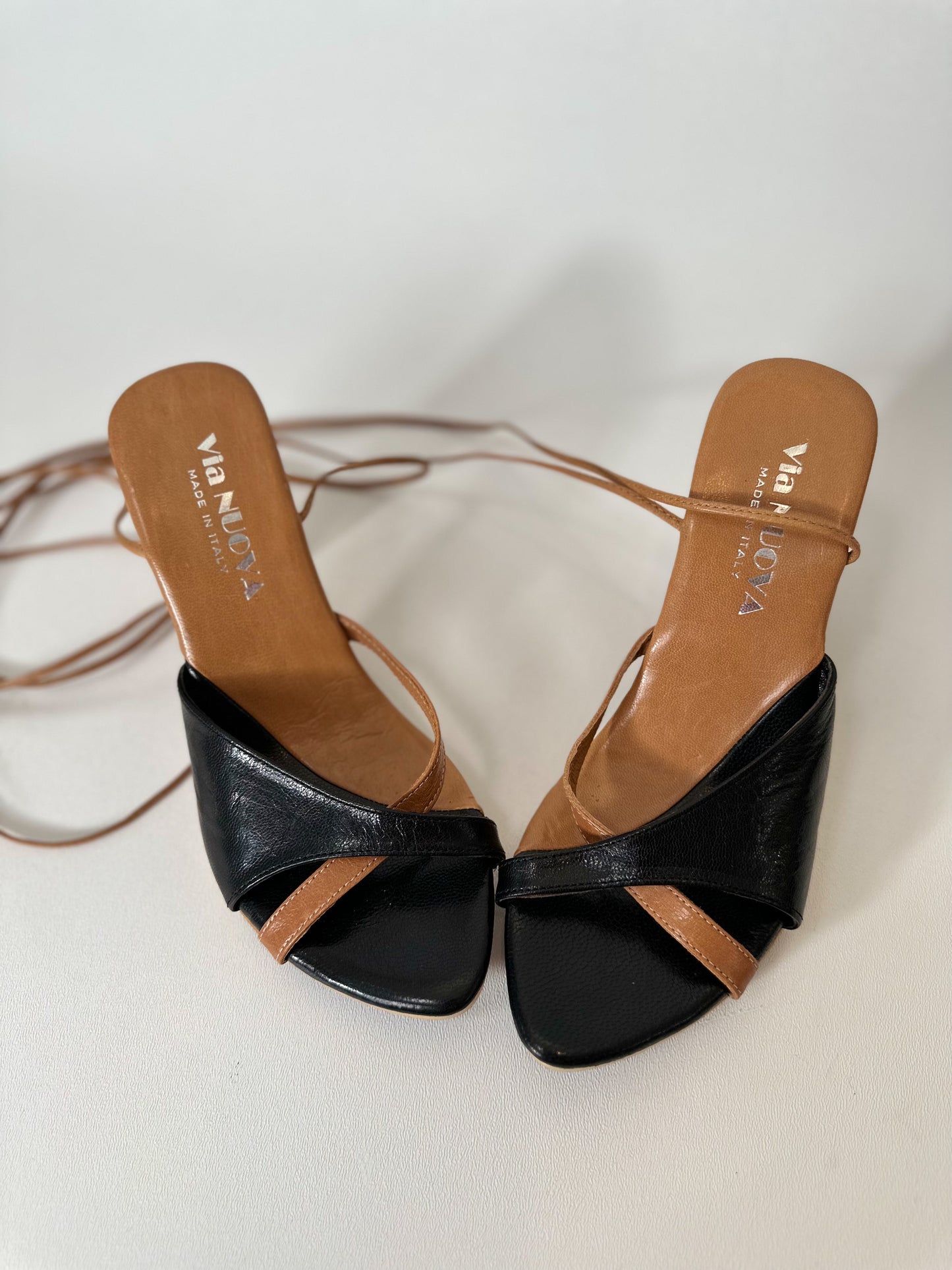 Vintage Leather Sandals Lace Up Wood Heels Made in ITALY Size 8