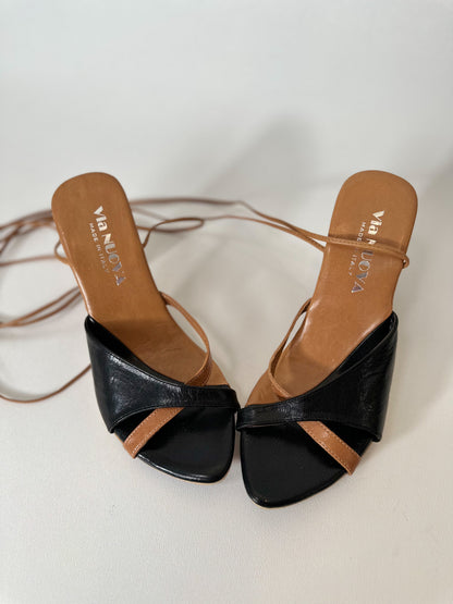 Vintage Leather Sandals Lace Up Wood Heels Made in ITALY Size 8