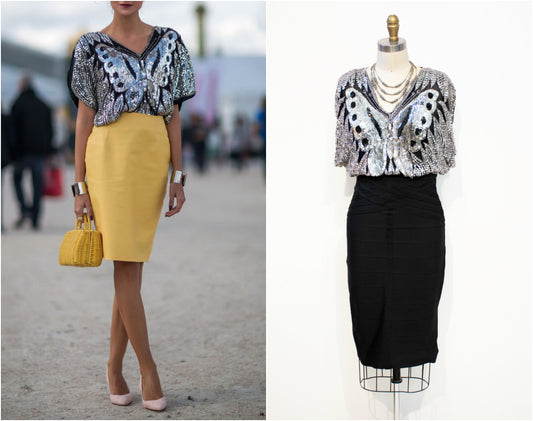 Vintage Silk Sequins Butterfly Blouse Vintage India Gauze 70s-80s Summer Festival Crop Top