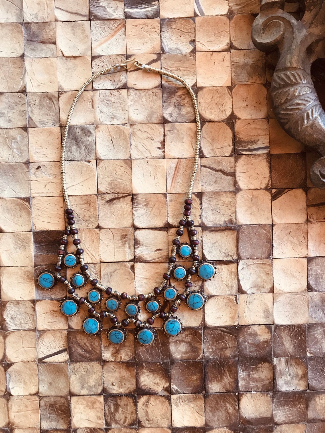 Vintage Necklace Turkish Turquoise Medallion Golden Brass BOHO Statement Vintage Necklace